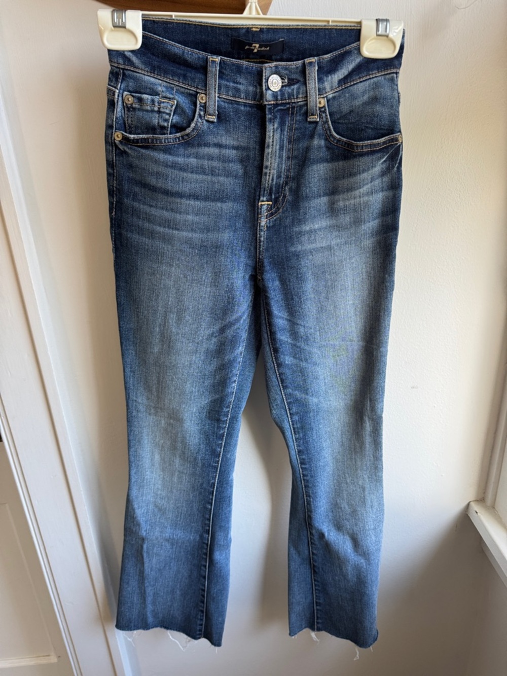 7 For All Mankind High Waist Slim Kick Raw Hem Blue Cropped Jeans
